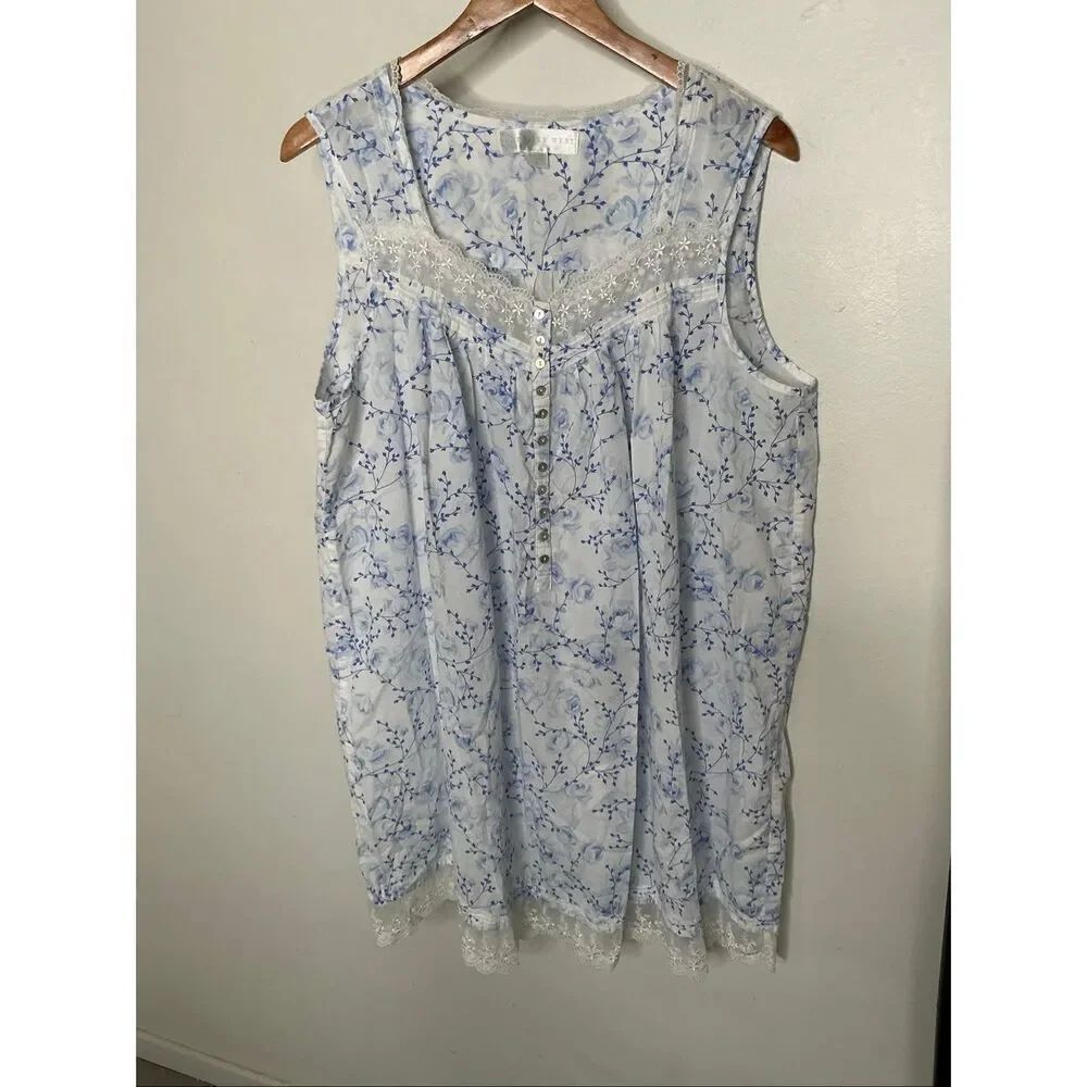 Eileen West Floral Lace Short Nightgown | White and Blue in XL